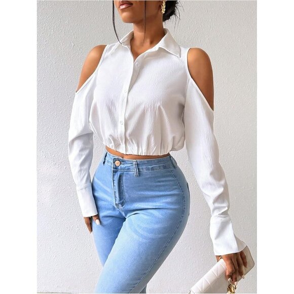 Women's Cold Shoulder Long Sleeve Button Down Collared Cropped Blouses - Picture 3 of 6